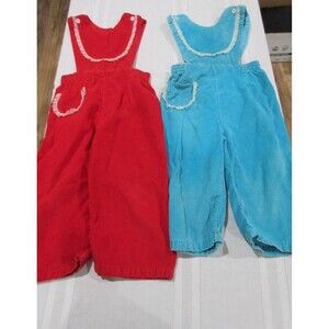 Vtg. 1970's Lot of 2 Rhompers/Jumpers Girls Red/Blue Handmade Approx 4T Corduroy